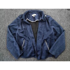 Philosophy Republic Navy Blue Faux Suede Open Front Moto Jacket XL Floral Trim